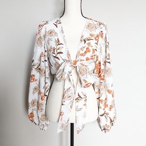 White, orange tan and brown floral tie front balloon long sleeve blouse size L